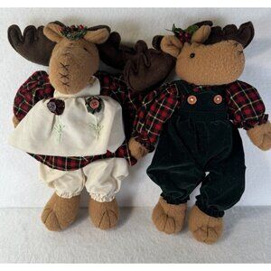 Set Of 2 Country Moose Plush Christmas Farmhouse Doll Stuffed Animal Hand Sewn